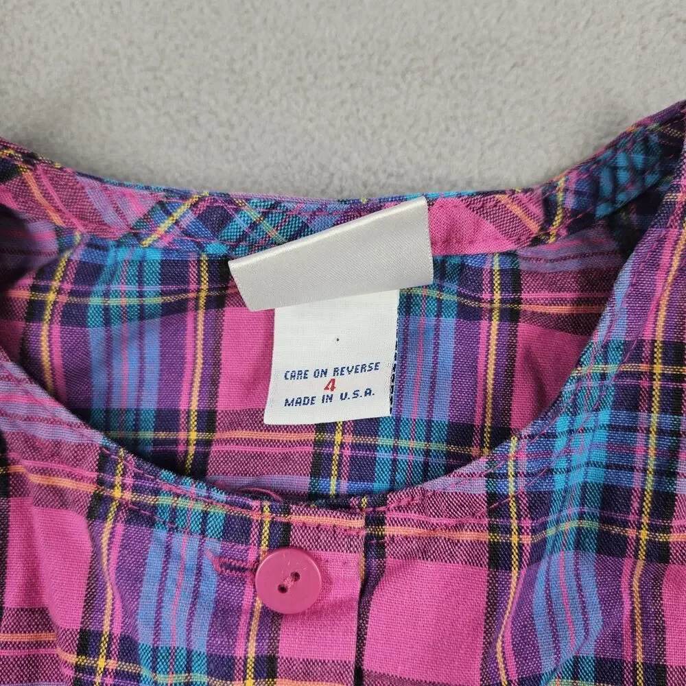 Vintage Oshkosh B’Gosh Dress Girls Size 4 Blue Pink Plaid USA Made 90s Summer
